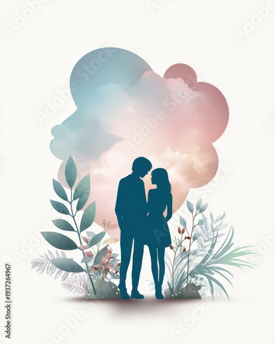 Couple standing together with clouds and plants in the background during a simple moment of connection