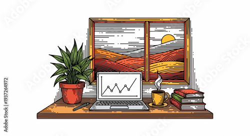 Laptop with chart on desk beside plant books and coffee illustration