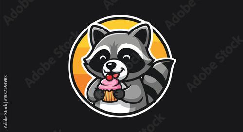 Cartoon raccoon enjoying dessert illustration