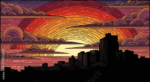 City skyline silhouette under layered sunset clouds illustration