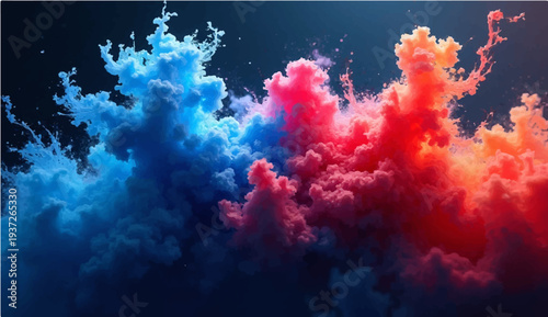 An abstract blue and red watercolor background features a colorful paint texture with flame patterns of fire and light merging into a sunset cloud design