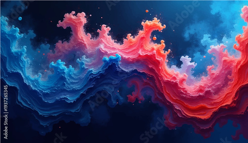 An abstract blue and red watercolor background features a colorful paint texture with flame patterns of fire and light merging into a sunset cloud design