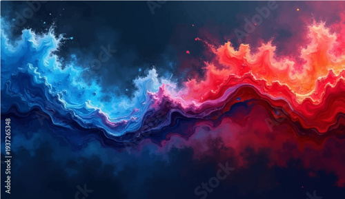 An abstract blue and red watercolor background features a colorful paint texture with flame patterns of fire and light merging into a sunset cloud design