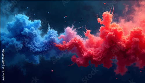 An abstract blue and red watercolor background features a colorful paint texture with flame patterns of fire and light merging into a sunset cloud design