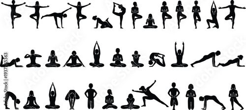 Black silhouette yoga poses collection showing diverse positions, meditation, balance, stretching, fitness exercise, wellness practice, healthy lifestyle illustration design