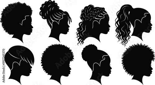Black women hairstyle silhouettes collection, female profile heads with afro, braids, buns and curly hair isolated on white background