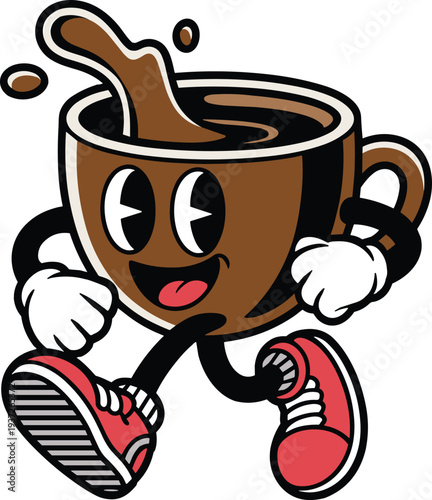 A Running Cartoon Coffee Cup Character with Vintage Rubber Hose Animation Style