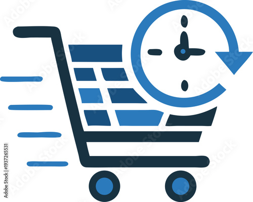 Time-sensitive shopping cart symbol with clock face, illustrating rapid online purchasing and delivery services.