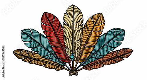 Layered feather bundle illustration with turquoise and red tones