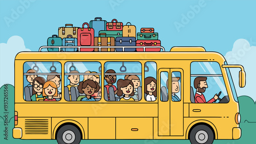 Happy diverse group of people traveling together on a bright yellow bus loaded with luggage on a sunny day, representing vacation and adventure