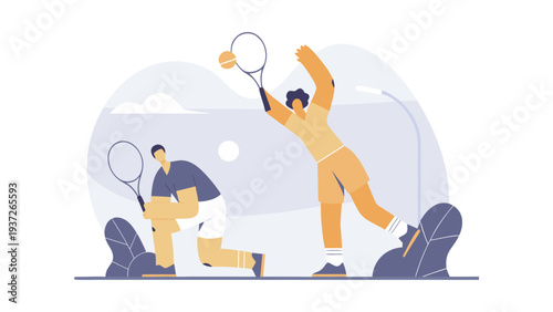 Athletic men engaged in a friendly tennis match with racquets and a ball, showcasing sportsmanship and healthy competition