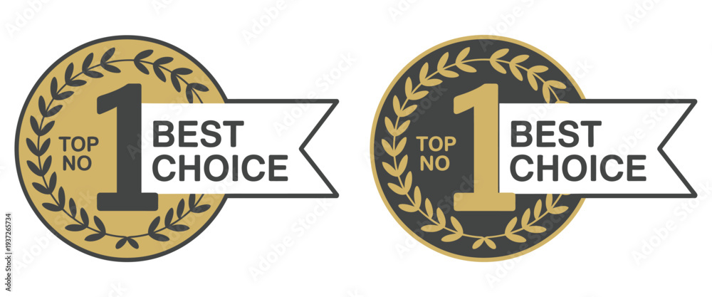 Obraz premium Number 1 Best Choice Badge Vector Set Featuring Black and Gold Luxury Ribbon Labels Perfect for Product Icons Logo Design Seals Stamps Premium Award Illustration Collection