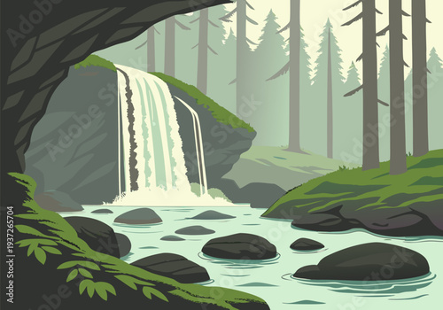 Serene Forest Waterfall with Flowing River and Lush Greenery - Peaceful Nature Scene Illustration