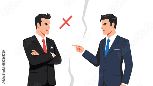 Illustration of heated professional conflict and disagreement between two angry businessmen, symbolizing a fractured relationship, communication breakdown, and social issues