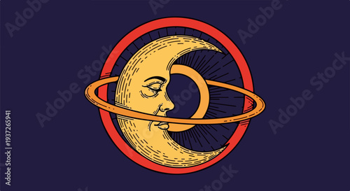 1 crescent moon face icon with orbital ring and red border on dark blue background