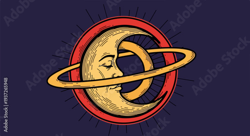 1 crescent moon face icon with orbital ring in red circle on dark blue background