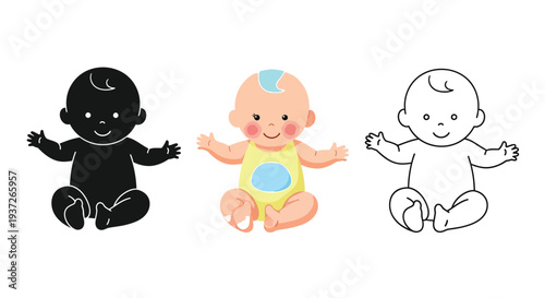 Set of three different styles featuring a cheerful baby sitting with arms wide open