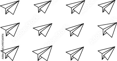 Paper airplane icons collection, message send paper plane symbols, minimal outline communication vector illustration set