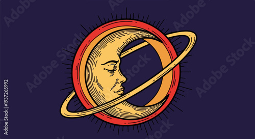 Crescent moon face with planetary ring line art illustration