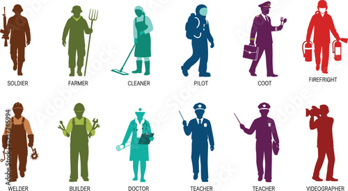 Professional worker silhouettes collection, soldier, farmer, cleaner, pilot, doctor, teacher, builder, welder, firefighter occupations, colorful career icons set