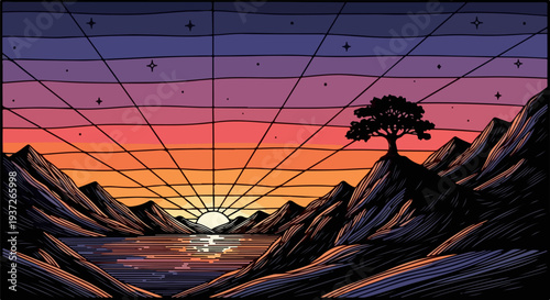 Mountain valley lake sunset with perspective grid sky illustration