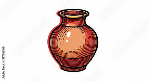 Glossy red ceramic vase illustration with engraved line texture