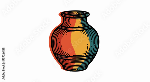 Round ceramic vase illustration with split orange yellow and teal color blocks