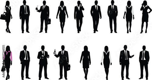 Business people silhouettes collection, professional men and women walking and standing in corporate attire isolated on white background