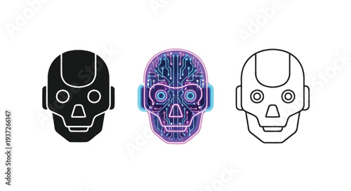 Three distinct artificial intelligence robot head icons representing technological advancement and future concepts