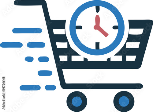 Shopping cart with clock face icon: conveying the idea of timely online shopping and efficient order processing.