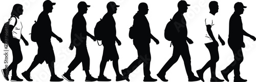 Set of Black Silhouettes Featuring Men and Women Walking with Backpacks for Hiking Travel Trekking and Commuting Outdoor Activities Vector,