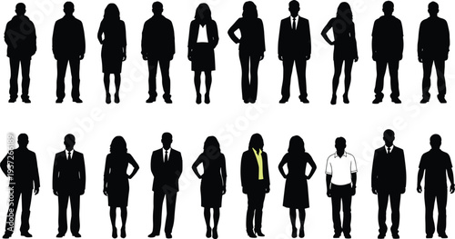 Business people silhouettes collection, standing men and women professionals, office team characters in formal and casual poses isolated on white background
