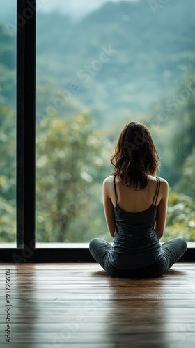 Woman sits on wooden floor with her back to the window looking out at green mountains on a bright day