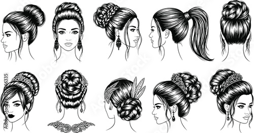 Set of Elegant Women Bridal Hairstyles with Buns Ponytails and Luxury Accessories for Wedding Hair Styling Inspiration and Beauty Salon Branding,