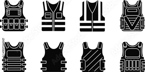 Set of Tactical Vest Icons and Safety Reflective Jackets Featuring Body Armor Bulletproof Plates and High Visibility Workwear for Protection,