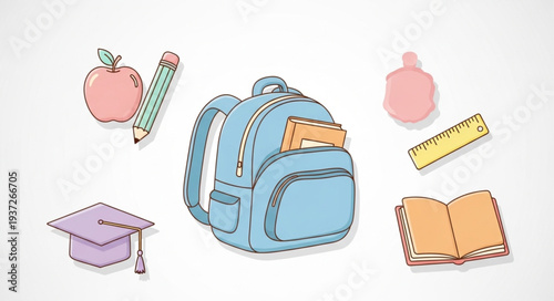 Blue School Backpack with Educational Supplies and Books.