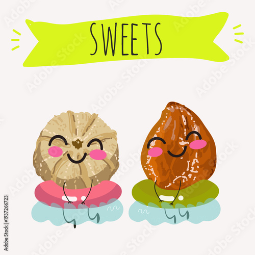 Funny Characters Ma'amoul dessert, Turkish candied chestnut (Kestane Sekeri) , hand drawn vector illustration.