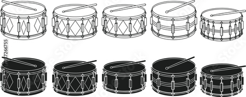 Snare drum silhouettes collection, marching band percussion instruments set, drum with sticks illustration, musical equipment icon, rhythm band concept