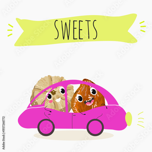 Funny Characters Ma'amoul dessert, Turkish candied chestnut (Kestane Sekeri) , hand drawn vector illustration.