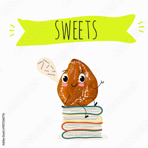 Funny Characters Ma'amoul dessert, Turkish candied chestnut (Kestane Sekeri) , hand drawn vector illustration.