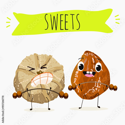 Funny Characters Ma'amoul dessert, Turkish candied chestnut (Kestane Sekeri) , hand drawn vector illustration.