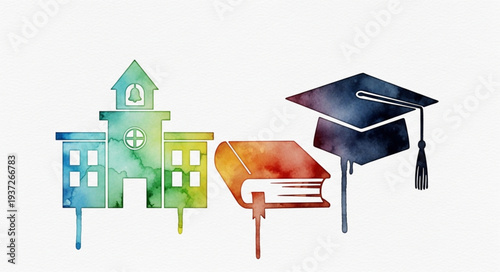 Colorful Watercolor Illustration of Education and Learning Symbols.