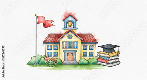 Colorful School Building with Flag and Books.