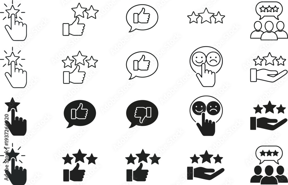 Fototapeta premium Customer Feedback Icons Set: Star Ratings, Thumbs Up/Down, Satisfaction Emoji, Vector Flat Design Illustration