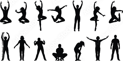 Dancing people silhouettes collection, men and women jumping, celebrating and energetic dance poses, party movement characters isolated on white background