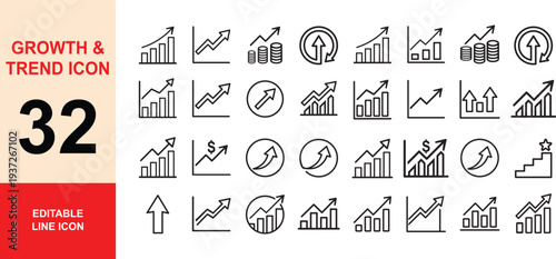Modern Business Growth Line Icon Set for Startup Analytics Dashboard, Financial Reports, Marketing Strategy and Data Visualization Design