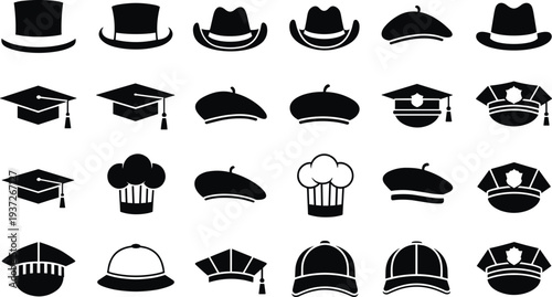 Hat icons with top hat, fedora, graduation cap, chef hat and beret symbols for fashion, uniform, professional headwear vector illustration,