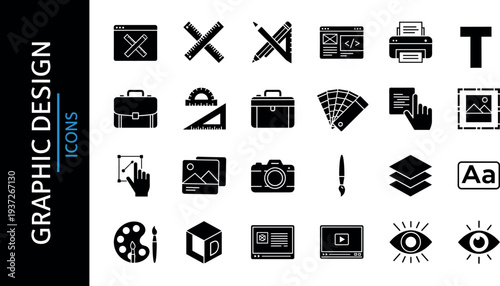Vector Graphic Design Icon Set, Creative Tools, Social Media Logos, Branding Equipment, Professional Business Communication Symbols,