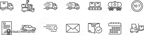 Transportation and logistics flat design vector icon set with vehicles, clocks, and location symbols scalable illustration