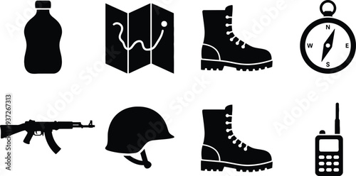 Military and survival equipment flat design vector icon set, black and white scalable illustration